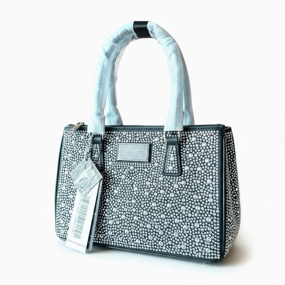 Tote & Carry NWT Black Crystal Embellished Satchel Bag Bling Rhinestone Tote